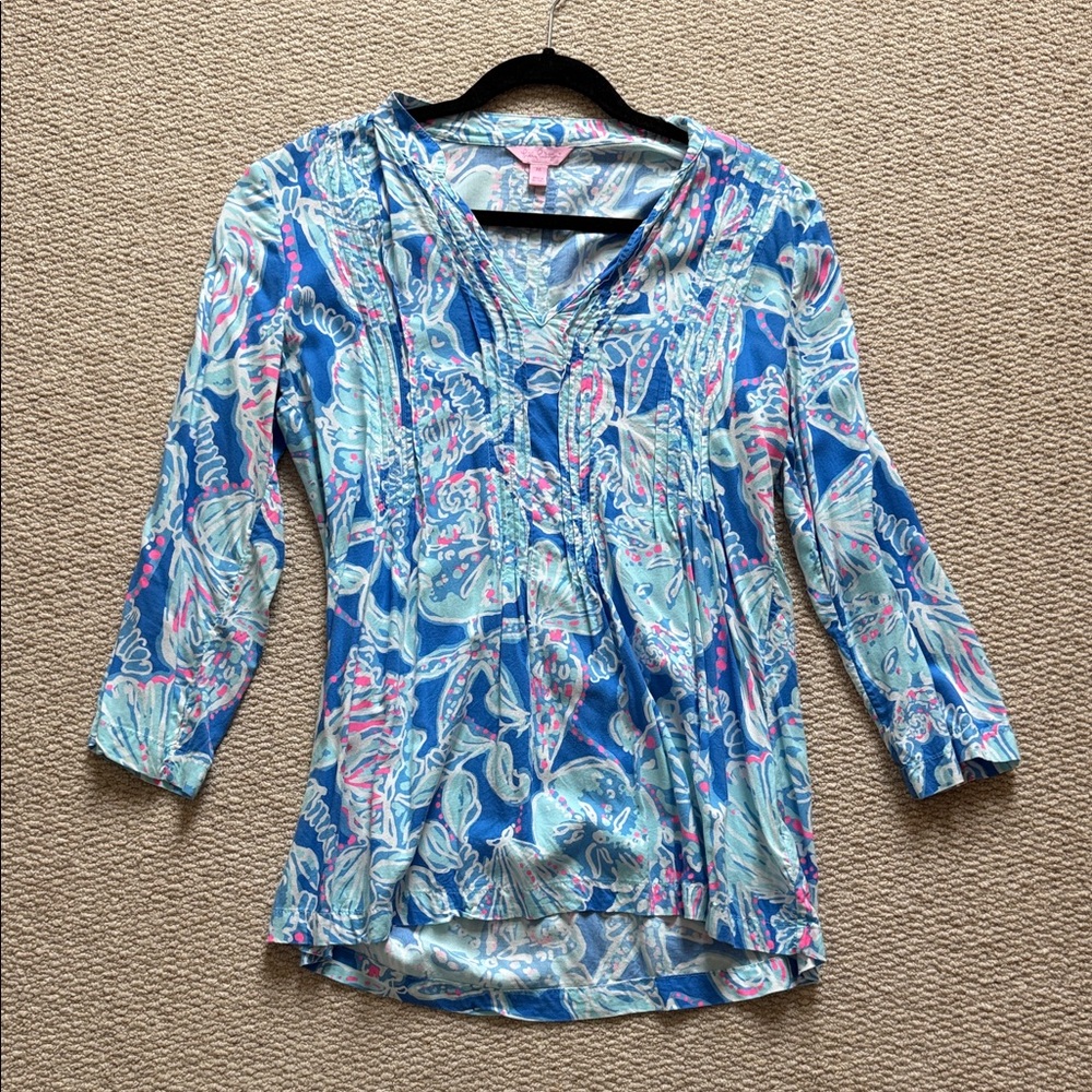 Lilly Pulitzer Floral Blue and Pink Women's V Neck Tunic Top Sz M